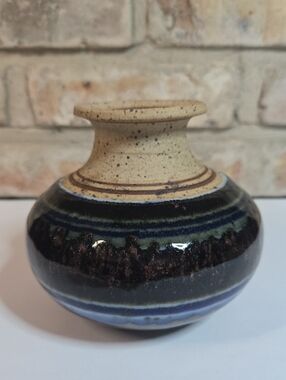 Art Pottery Handcrafted Rounded Bottom Vase in Speckled Tan and Deep Blue